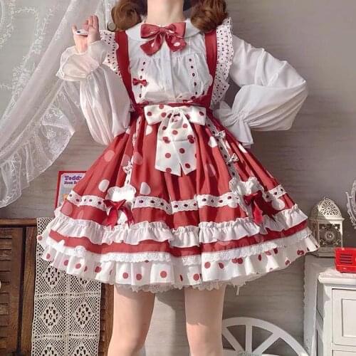 Kawaii Girls Lolita Set Strap Skirt With Long Sleeve Shirt Daily Wear Anime Cosplay Harajuku Japanese Lolitas Outfit Top+Skirts