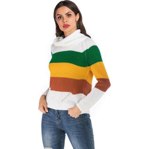 Womens Striped Sweater Autumn Winter Ladies Turtleneck Long Sleeve Casual Loose Contrast Knitted Shirts Pullovers Tops