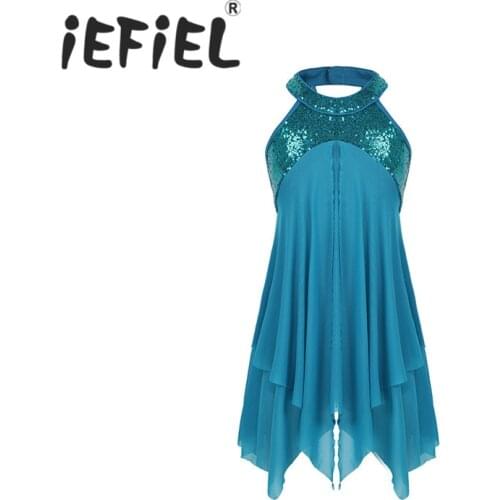 4-14Y Children Girls Halter Sequins Criss cross Back Leotard Tutu Ballet Dress for Lyrical Modern Contemporary Ballroom Dance