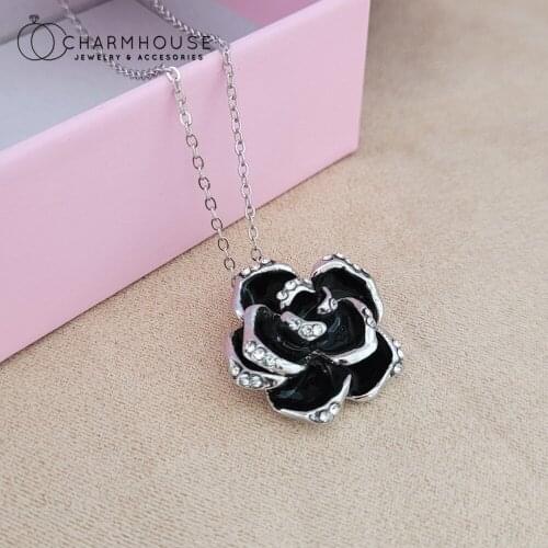 White Gold Plated Charm Necklaces For Women Pure Silver Black Rose Pendant Necklace Collier Femme Wedding Jewelry Party Gifts