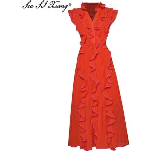 Seasixiang Fashion Designer Summer Chiffon Dress Women V-Neck Butterfly Sleeve Ruffles Big Pendulum Pleated Dresses