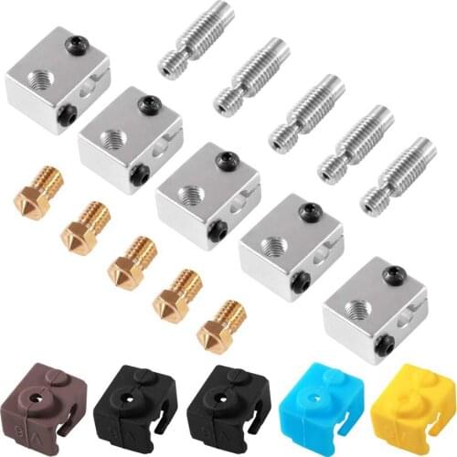Aluminum Heater Block 1.75mm Extruder Throat Tube M6 Thread 0.4mm Brass Extruder Nozzle Silicone Heater Socks For E3D V6 RepRap