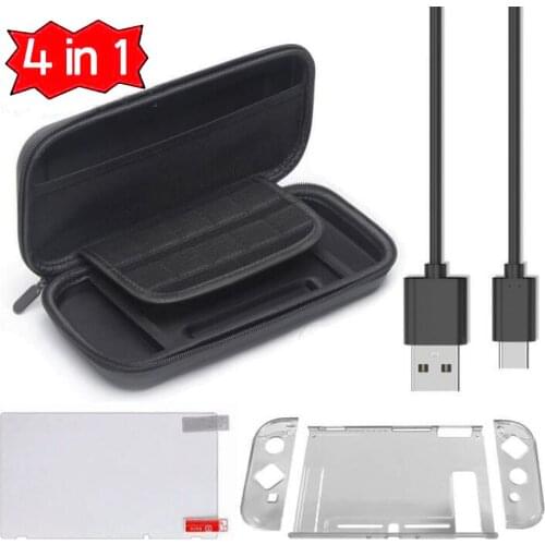 10set/lot 4 in 1 Accessories for Nintend Switch USB Cable + Storage Bag + Tempered Glass Screen Protector + Clear Cover Case