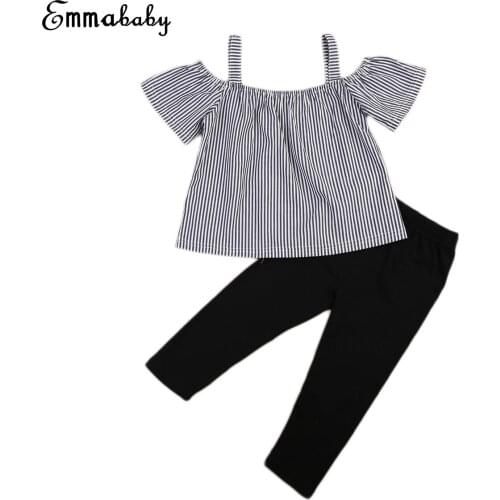 2017 Children Girl Stripe Clothing 2pcs Kids Baby Girls Fashion Outfit Off Shoulder Tops Long Pants Clothes 1-6T