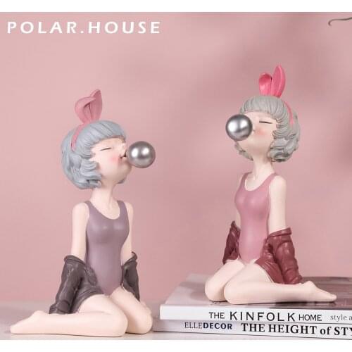 2021 Modern Bubble Gum Girl Figurine Resin Sculpture Pink Bowknot Girl Fashion Home Decoration Accessories Desktop Ornaments New