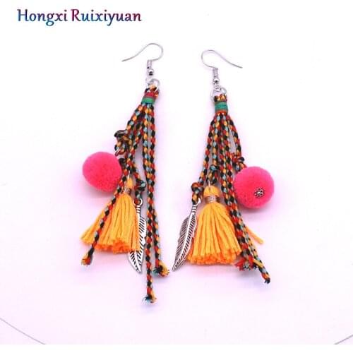 Bohemia earrings fashion color rope wool ball alloy feather long tassel earrings & ear hook charm tassel ladies earring jewelry