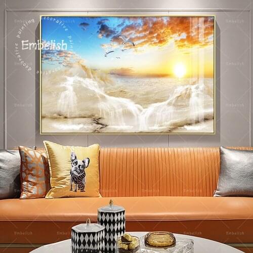 Embelish Sunrise Blue Waterfall Landscape Canvas Paintings For Home Decorative Wall Posters For Living Room Office Artworks