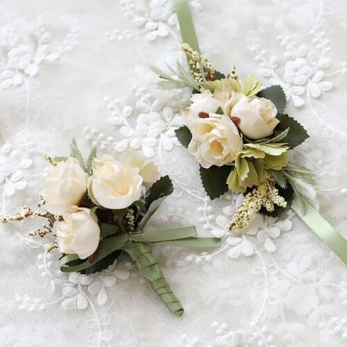 Artificial Silk Satin Hand Flowers Groom Boutonniere Man Pin Suit Corsage Bride Bridesmaid Wedding Wrist Flower Party Decoration