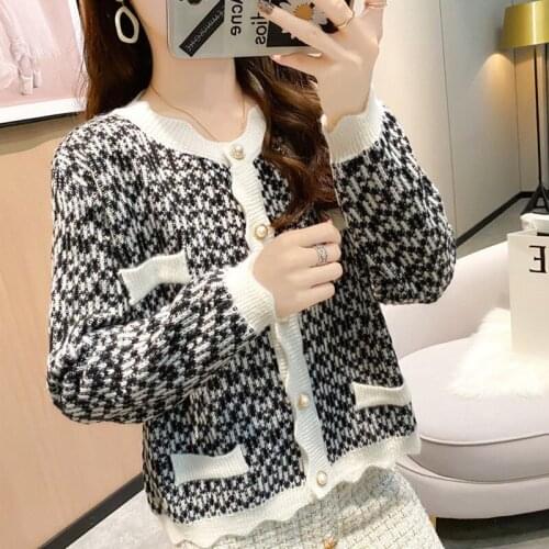 2021 Autumn Winter Retro Sweaters Cardigan Women Korean Casual Loose O Neck Pearl Buttons Pocket Patchwork Short Knitted Outwear