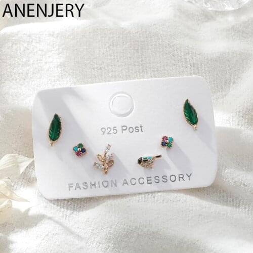 Colorful Zircon Leaf Bird Flower Stud Earrings Set for Women Drop Glaze 6-Piece Earrings Set Jewelry Gifts Wholesale S-E1205