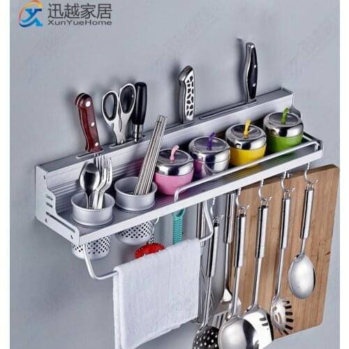 Kitchen Rack Wall-mounted Knife Holder Storage Utensil Seasoning Chopstick Shelf With Hook Silver Aluminum Organizer Accessories