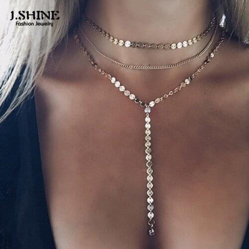 JShine Simple Temperament Necklace Multilayer Gold Color Metal Round Sequins Long Pendant Clavicle Chain Choker Necklace