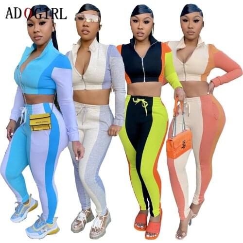 Adogirl Fashion Women Patchwork 2 Piece Sets Outfits Autumn Long Sleeve Zipper Top+ Pants Joggers Set Tracksuit Matching Sets