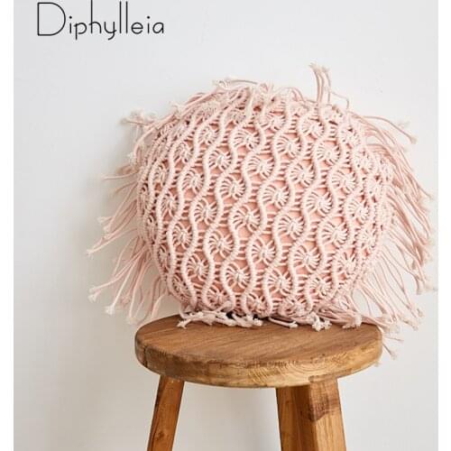 Diphylleia 2021 Macrame Pillow Case Hand Woven Cotton Thread Boho Geometry Bohemia Ethnic Style Round Cushion Cover Pink Color