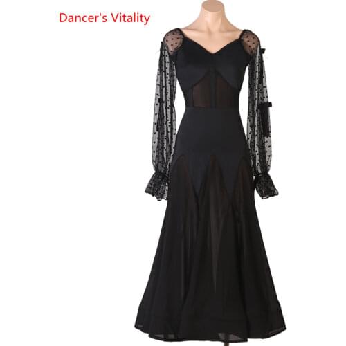 Ballroom Dance Dress V-Neck Skirt Mesh Long Sleeves Performance Clothes Profession Custom Adult Child Competition Clothing