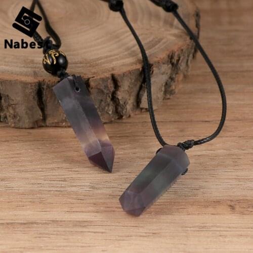 Women Men Natural Stone Colorful Fluorite Bullet Hexagonal Column Pendant Necklace Waxed Rope Adjustable Clavicle Chain Jewelry