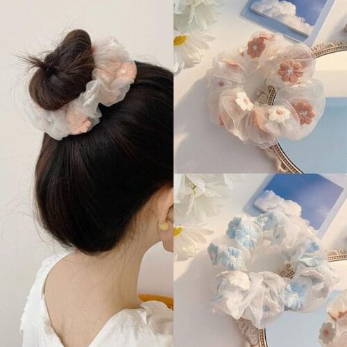 Romantic pink blue ~ sweet net yarn head rope hair rope girl hair accessories embroidered flowers large intestine hair ring