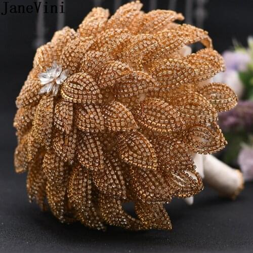 JaneVini Luxurious Gold Diamond Bridal Bouquet Beauty Crystal Bride Flower Wedding Party Accessory Silver Brides Hand Bouquet