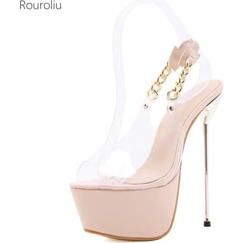 2021 Thick Platform Transparent Metal Chain Sandals Women Thin High Heel Party Shoes Summer Peep Toe Sandals Elastic Band