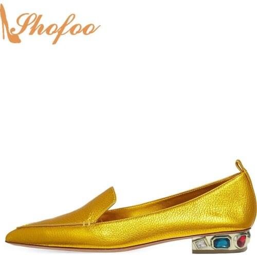 Shofoo Gold Pointed Toe Pumps Slip On Low Square Heels Woman Shoes Large Size 15 16 Ladies Female Fashion Office Mature Autumn