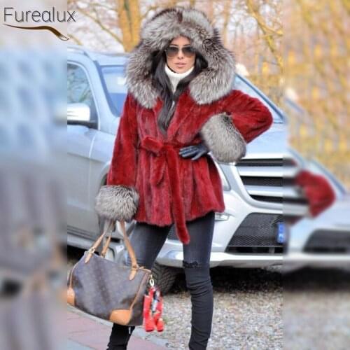 FUREALUX Real Fur Coat Mid-length Style Mink Women Winter Natural Fur Mink With Silver Fox Brim Temperament Outerwear abrigo
