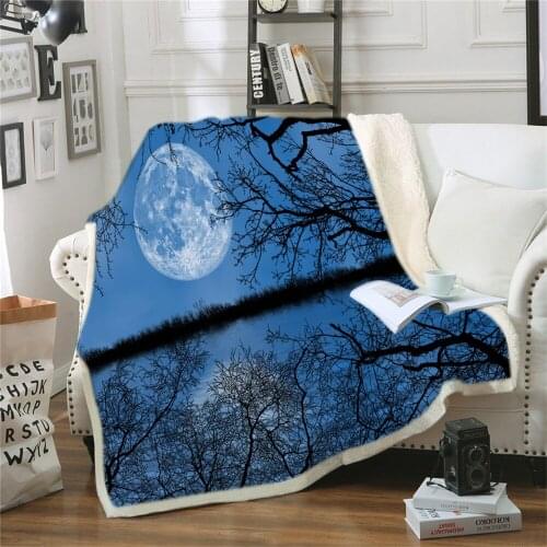 Blue Night Sky with Moon Falling Stars Bed Blanket Flower Bedspread Mysterious Universe Sherpa Throw Blanket Bedding