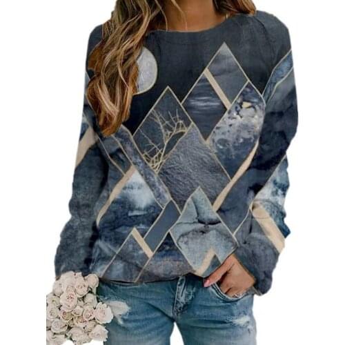 Vintage Gray Geometric Print Sweatshirt Women Pullover Autumn Winter Loose Long Sleeve Crew Neck Sweatshirt Harajuku Tops Tshirt
