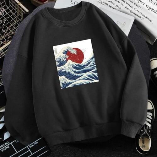 The Great Wave Off Kanagawa Winter Fleece Hoodies Mens Long Sleeve Pullover Hooded Soft Breathable Outdoor Casual Sweatshirt