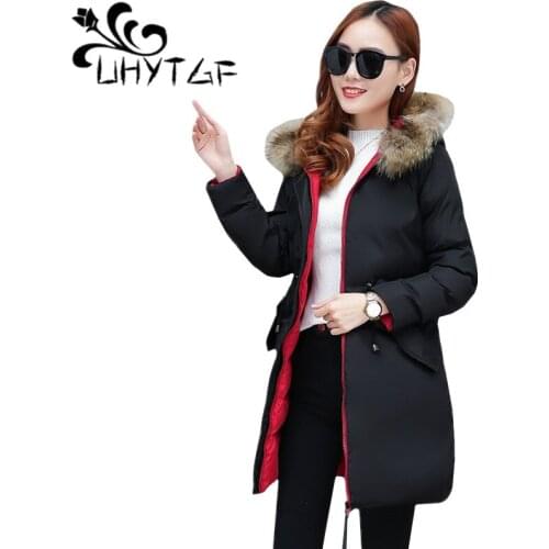 UHYTGF Women Cotton-padded Jacket Winter Long Jacket Women Double-sided Wear Down Jacket Thick Warm Fur collar Hooded Jacket 166
