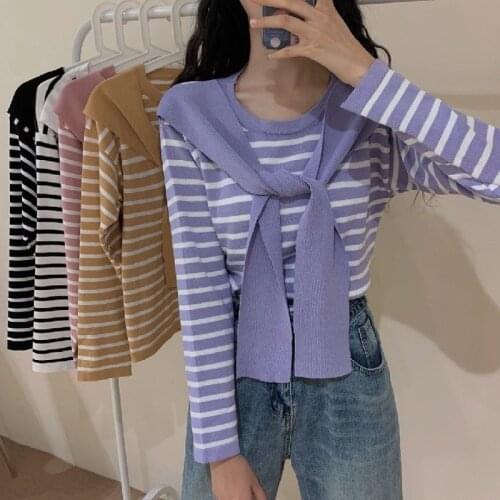 Autumn striped knitted wear shawl splicing long sleeve T-shirt women with cape O-Neck personality pullover bottoming tops 2020