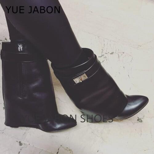 Shark Lock 2021 Autumn Ladies Suede Ankle Boots Zip Wedges Heel Shoes Pointed Toe Mid-calf Boots Women Short Modern Boots