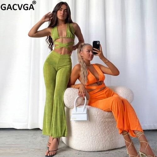 GACVGA Sexy Two Piece Set Women Bandage Crop Tops And Wide Leg Pants Tracksuit 2021 Summer Clothes Green Matching Sets Outfits