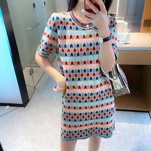 New Summer Runway Bright Silk High Quality Striped Short Sleeve Womens Casual Knitted Slim Dress Vestido