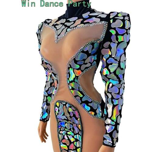 Fashion Hollow Out Nude Mesh Sequin Party Dress Women Sexy Prom Bodycon Dress Nightclub DJ Singer Dance Stage Wear