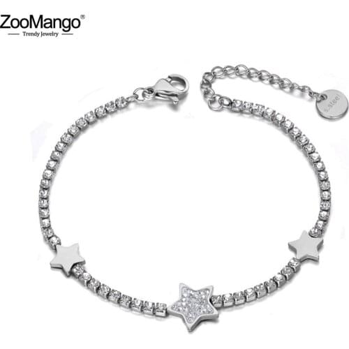 ZooMango Trendy Clay Rhinestone Star Charm Bracelet For Women Girls Stainless Steel CZ Link Chain Bracelet For Christmas ZB19132