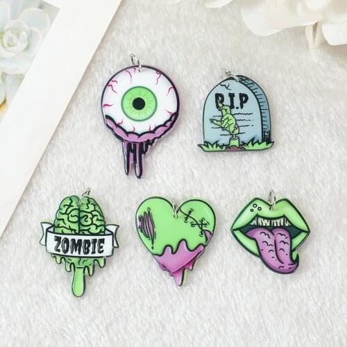 10 Pcs Halloween Charms Creepy Zombie Brain Heart Mouth Eyeball and R.I.P Flatback Acrylic Jewlery Findings For Jewelry Diy