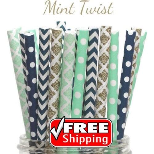 250pcs Mixed 5 Designs MINT TWIST Themed Paper Straws-Mint,Gold,Navy,Swiss Dot,Damask,Chevron,Drinking-Vintage Wedding Party