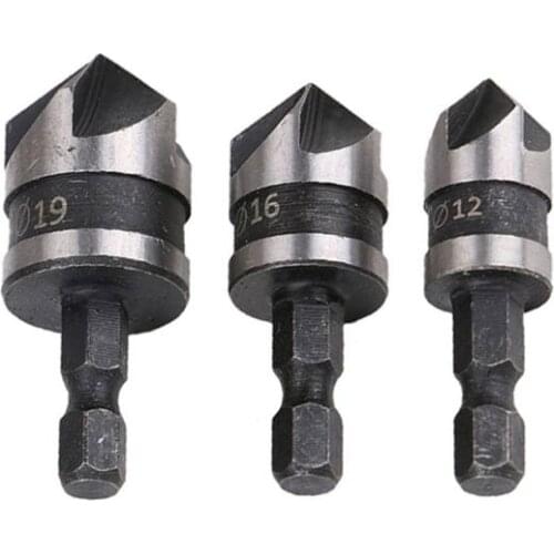 3pcs/set 90 Degree 1/4 Hex Drill Rod 5 Flute 12mm 16mm 19mm Wood Debur Counter