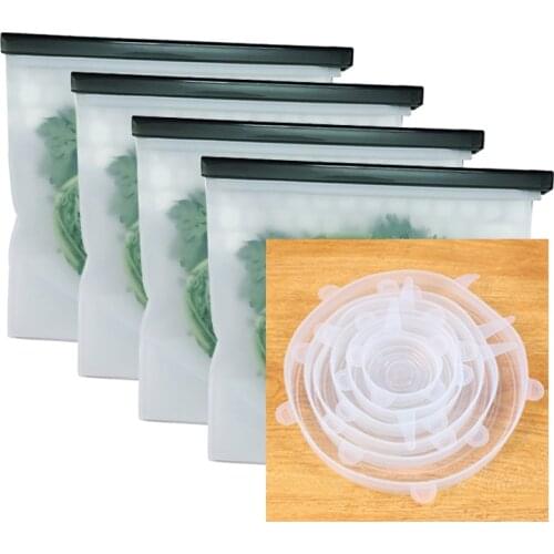 4PCS Food Silicone Fresh Bag+6pcs Reusable Silicon Stretch Lids/Sandwiches Marinades Storage Bags