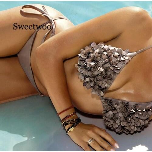 Bikinis 2020 3D Flower Swimwear Solid Bikini Bandage Swimsuit Thong Bikini Set Female Bathers Wear Push Up Micro Bikini Sexy