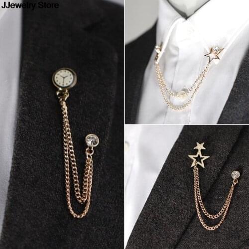 Korean British StyleCrystal Clock Brooch Suit Tassel Chain Lapel Pin Badge Retro Female Corsage Men Accessories