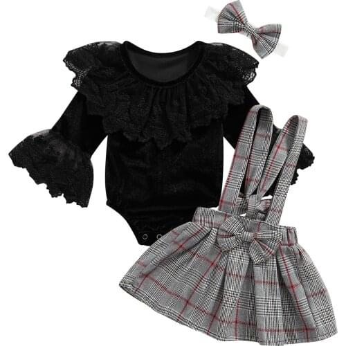 Ma&baby 0-24M Infant Newborn Baby Girl Clothes Set Lace Ruffles Long Sleeve Romper Plaid Bow Skirt Hairband Autumn Outfits DD88