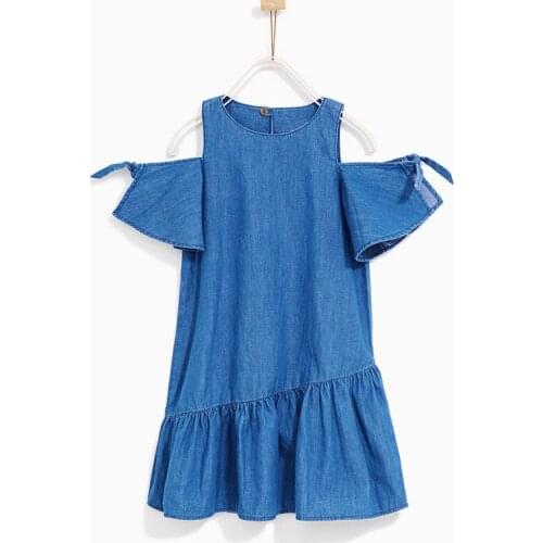 2018 New Summer Girl Blue Denim Dress Fashion Off Shoulder Baby Girls Patchwork Princess Dresses Children Clothing Kids Clothes