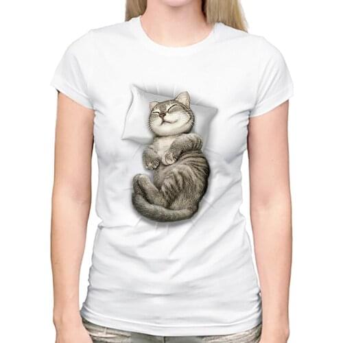 Cute cat sleeping in t shirt femme summer new white short sleeve women casual 3d tshirt kawaii streetwear tee