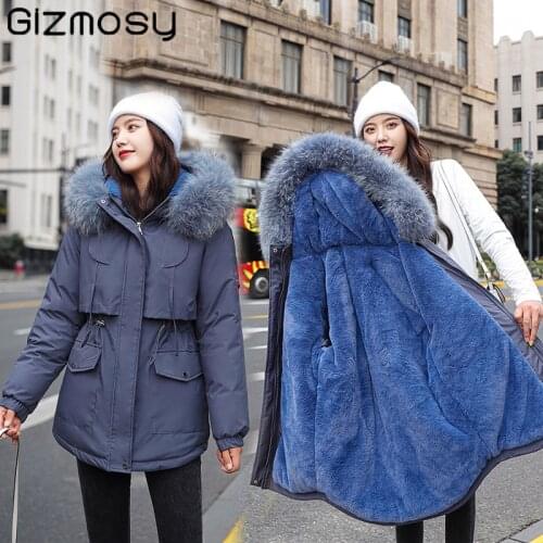 Gizmosy 2020 Cotton Thicken Warm Winter Jacket Coat Women Casual Long Parkas Winter Fur Lining Hooded Parka Mujer Coats Outwear
