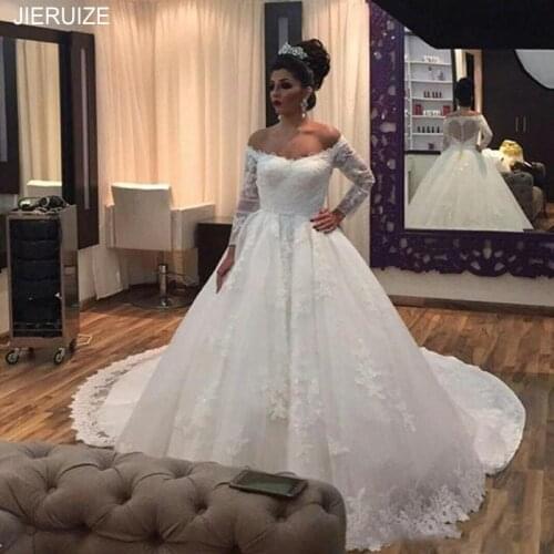 JIERUIZE Ball Gown Wedding Dresses With Long Sleeves Off Shoulder Bridal Dresses Vintage Appliques Button Back Wedding Gowns