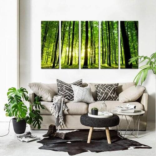 5 Panel Forest And Sunrise Oil Painting Green Wood Canvas Print Modern Wall Art Home Decoration Home Decoration