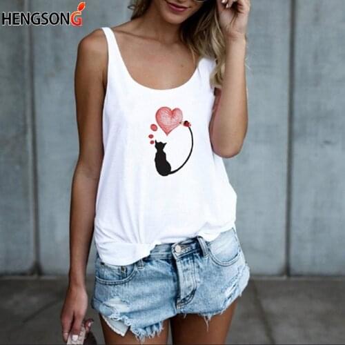 New Summer Womens White Tank Tops Ladies Cute Cat Print Casual Vest Sleeveless Female O-Neck T-Shirts Camisole
