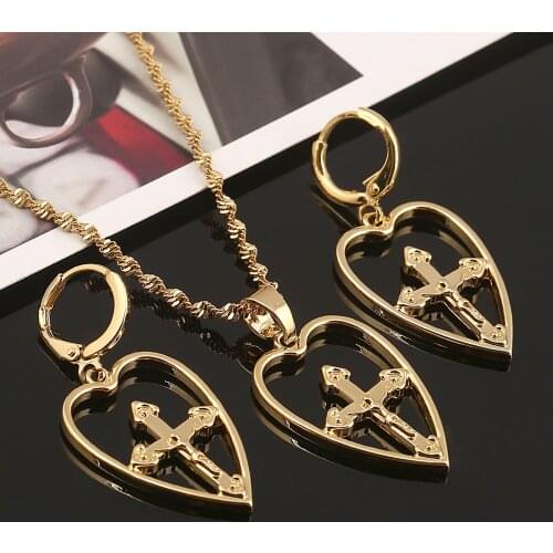 Fashion Heart Cross Pendant Necklace Earrings Religion Christian Jewelry Sets