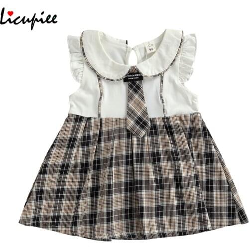 1-5 Years Summer Breathable Little Girls Dress Children Creative Plaid Splicing Doll Collar Fly Sleeve Princess Skirt Bow Tie